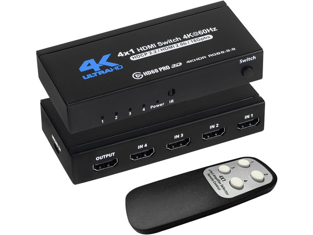 4K HDMI Switch 4x1, 4K@60Hz 4 in 1 Out HDMI Switcher Selector with IR Remote Con