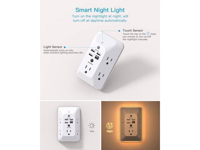 Outlet Extender with Night Light, Multi Plug Outlet, USB Wall Charger Surge Protector 4 USB Charging Port(1USB C), Power Strip Electrical Outlet...