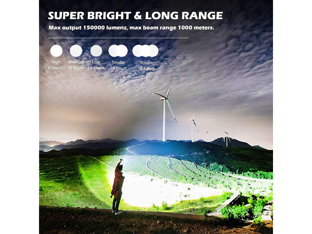 BERCOL Rechargeable LED Flashlights High Lumens, Super Bright 150000 Lumens Flashlight with 5 Modes & Waterproof, Powerful 10000mAh High Capacity...