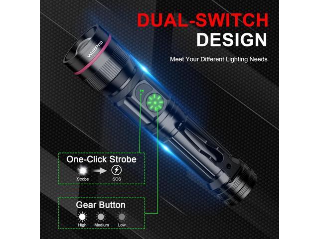 WdtPro Rechargeable Flashlights (Battery Included), LED Tactical Flashlight with Clip, Portable Dual-Switch, 2000 High Lumen Super Bright...