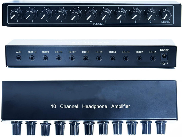 aux Mini Jack TRS 3.5 mm Input 1 in 10 Out Channel Headphone Amplifier Stereo Audio Amp with 12V 1A Power Adapter Distributor Headphone Splitter...