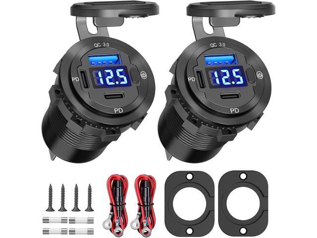 USB C Car Charger Socket 12V USB Outlet 2 Pack: Aluminum Metal 78W Dual PD 30W and 18W QC3.0 Port Multi Charger Outlet with LED Voltmeter Power...