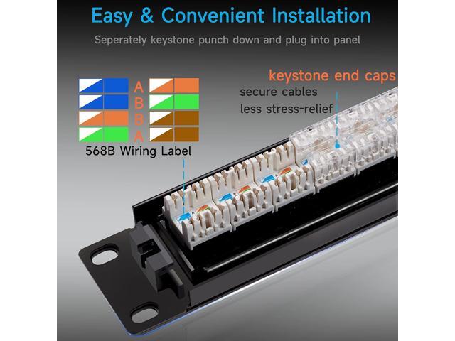 Cat6 Patch Panel 24 Port with Keystone, RJ45 Network Patch Panel 19 Inch, Punch Down Keystone Ethernet Patch Panel with Back Bar