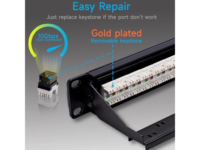 Cat6 Patch Panel 24 Port with Keystone, RJ45 Network Patch Panel 19 Inch, Punch Down Keystone Ethernet Patch Panel with Back Bar