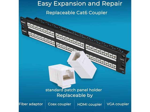 Patch Panel 48 Port Cat6 with White Inline Keystone 10G Support, Pass-Thru Coupler Patch Panel UTP 19-Inch with Removable Back Bar, 1U Network...