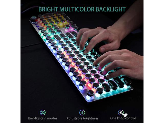 AULA F2088 Typewriter Style Mechanical Gaming Keyboard Blue Switches,Rainbow LED Backlit,Removable Wrist Rest,Media Control Knob,Retro Punk Round...