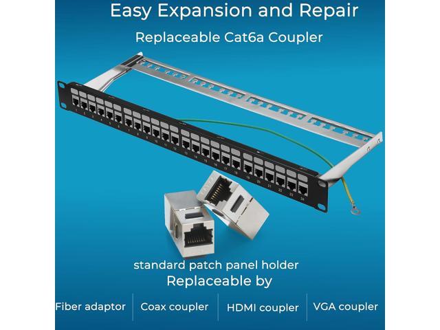Patch Panel 24 Port Cat6A with Inline Keystone 10G Support, Coupler Patch Panel STP Shielded 19-Inch with Removable Back Bar, 1U Network Patch...
