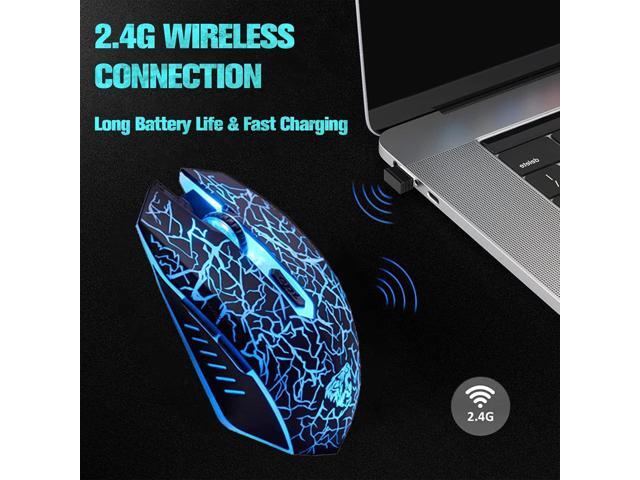 VEGCOO C10 Wireless Gaming Mouse Rechargeable Silent Optical Mice 7 Colors LED Lights, 7 Buttons 2400/1600/800DPI (Black)