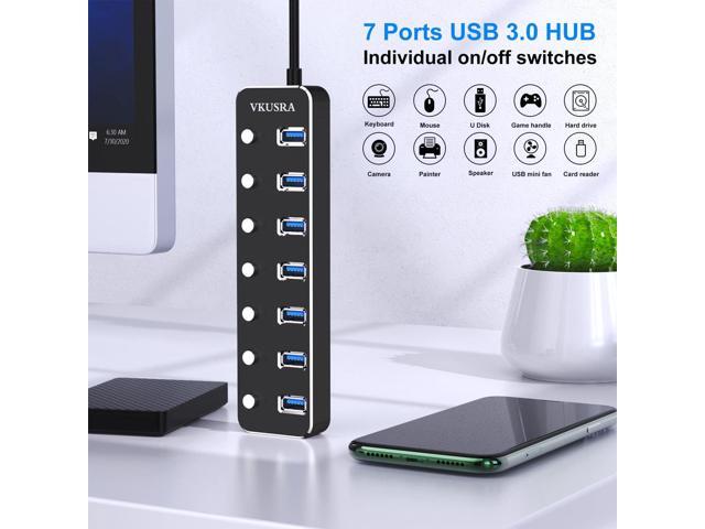 USB Hub,VKUSRA 7 Port USB Hub 3.0 with 4ft USB Long Cable Multiple Port,Individual USB On/Off Switch and LED Indicator,USB Splitter for Laptop & PC
