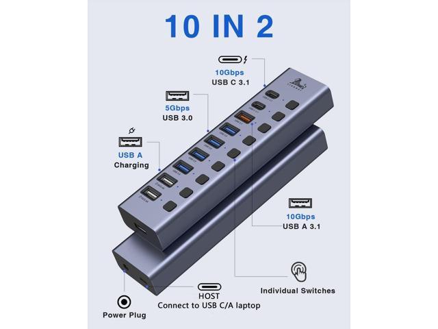 Powered USB 3.1Hub, 10-Port USB Data Hub Splitter with 3 USB 3.1(10Gbps), 4 USB 3.0, 3 Charging Ports, Individual ON/Off Switches and 12V/5A DC...