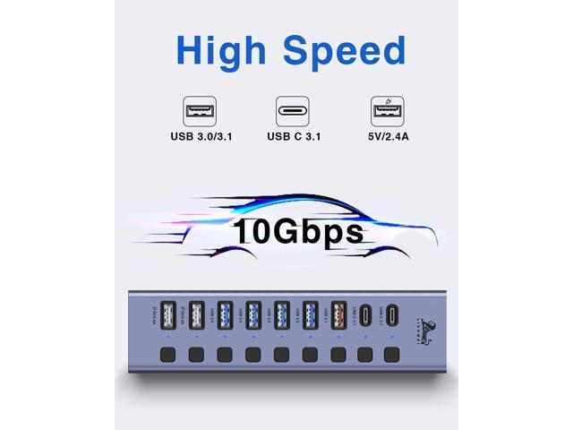 Powered USB 3.1Hub, 10-Port USB Data Hub Splitter with 3 USB 3.1(10Gbps), 4 USB 3.0, 3 Charging Ports, Individual ON/Off Switches and 12V/5A DC...