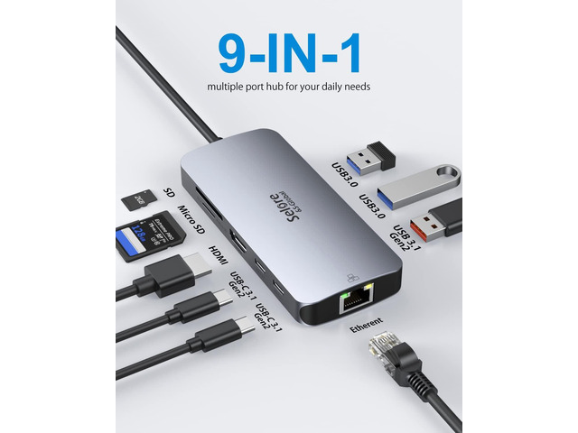 USB C Adapters for MacBook Pro/Air, Selore 9 in 1 USB C Hub with 4K HDMI, 2 * 10Gbps USB-C 3.1 GEN2 Port, 1Gbps Ethernet, USB 3.1 10Gbps Data...