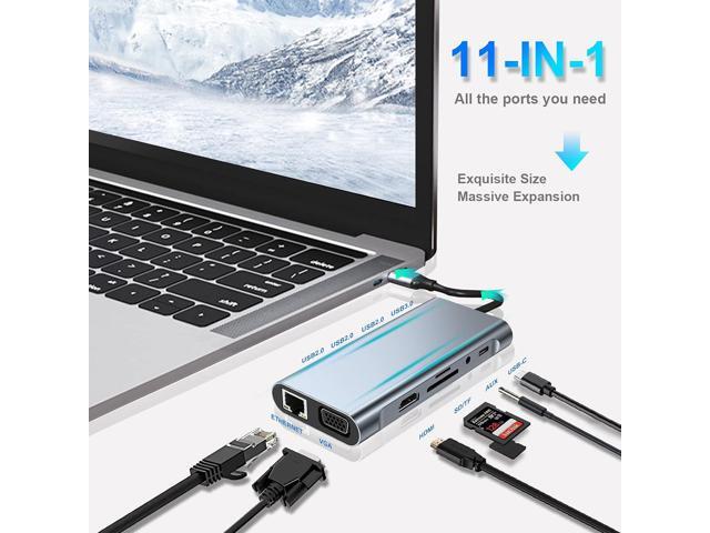 USB C HUB, USB C Adapter 11 in 1 Dongle with 4K HDMI, VGA, Type C PD, USB3.0, RJ45 Ethernet, SD/TF Card Reader, 3.5mm AUX, Docking Station...