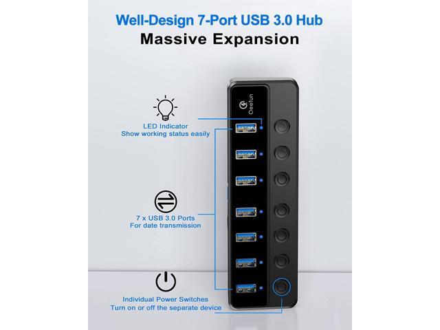 7-Port USB 3.0 Hub, Qeefun 3.0 Powered, USB Adapter USB Extender USB Port Expander USB hub for Laptop, PC, USB Flash Drives, and More