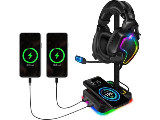 Headphone Stand with Wireless Charger Gaming Headset Holder with 10W/7.5W QI Charging Pad & 2 USB Charger Ports for Desktop PC Game Accessories