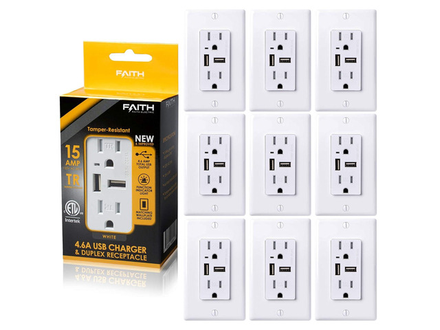 Faith [10-Pack] 4.6A USB Outlet High Speed Charger, 15A Tamper-Resistant Receptacle with Wall Plate, 2 Outlets & 2 USB Ports, Compatible w/iPhone,...