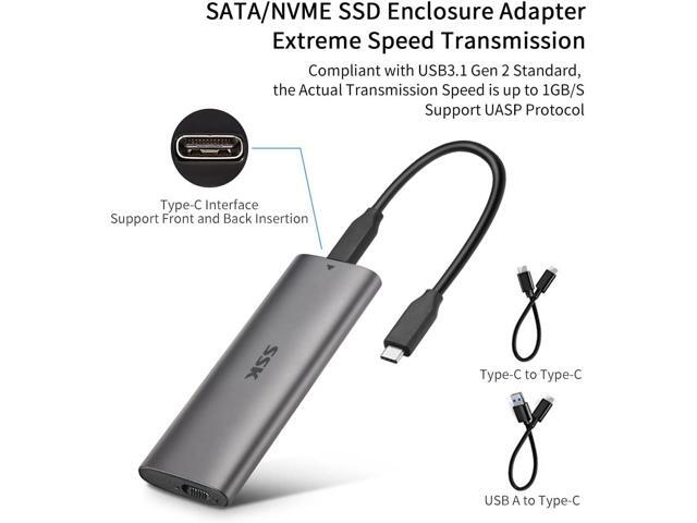 SSK Aluminum M.2 to USB NVMe SATA SSD Enclosure Reader, Tool-Free USB 3.2 Gen 2 10Gbps NVMe PCI-E 6Gbps SATA M-Key / B+M Key Solid State Drive...