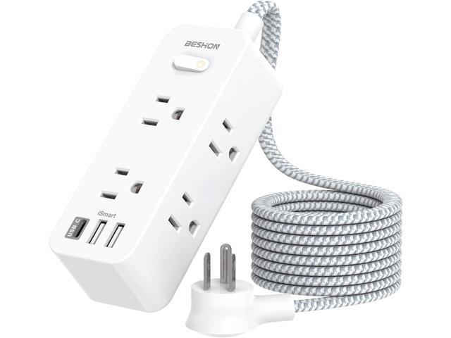 Power Strip Surge Protector, BESHON 5Ft Extension Cord, 6 Outlets with 3 USB Ports(1 USB C Outlet), 3-Side Outlet Extender, Wall Mount, Compact for...