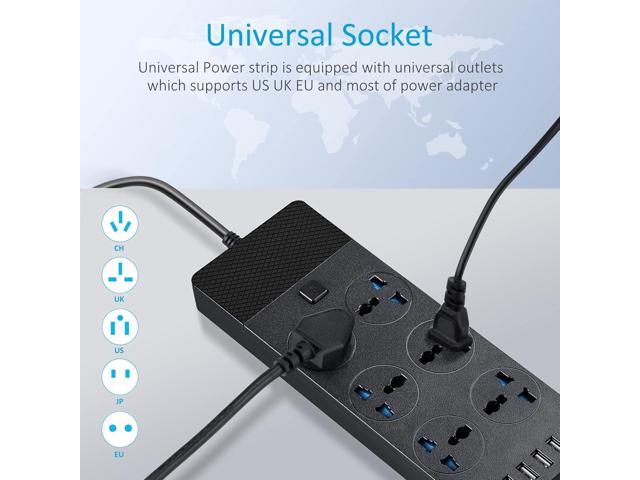 Universal Power Strip, Jumpso 6ft Extension Cord with Multiple Outlets, 110-240v, 3000w Power Strip with USB Ports European Travel Plug Adapter...