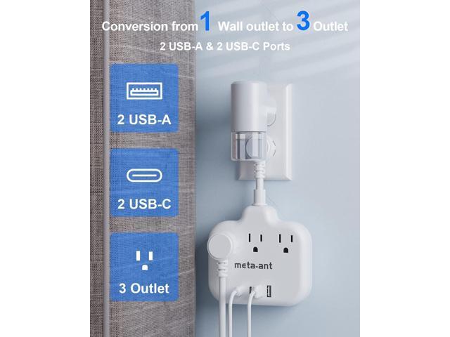 Short Extension Cord 2 inch, meta-ant Flat Outlet Extender with 3 AC Outlets 4 USB (2 USB-C) Charging Ports, Short Power Strip 1875W, Small Desk...
