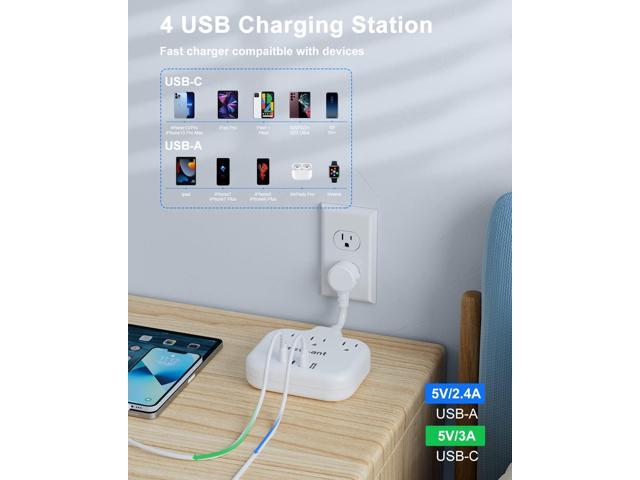 Short Extension Cord 2 inch, meta-ant Flat Outlet Extender with 3 AC Outlets 4 USB (2 USB-C) Charging Ports, Short Power Strip 1875W, Small Desk...