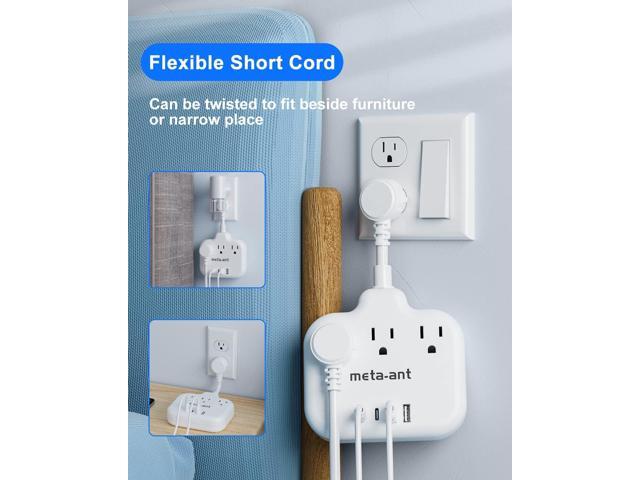 Short Extension Cord 2 inch, meta-ant Flat Outlet Extender with 3 AC Outlets 4 USB (2 USB-C) Charging Ports, Short Power Strip 1875W, Small Desk...