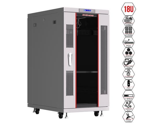 18U 35-inch Depth Grey White Server Rack Network Cabinet Standing IT Networking Enclosure on Wheels with Thermostat and Accessories - LCD-screen.