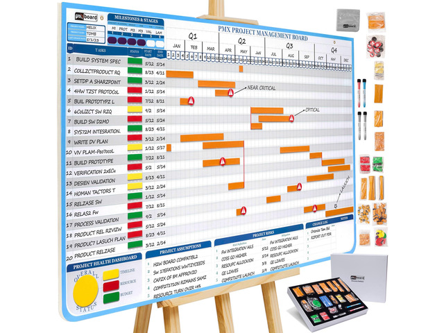 PMXBOARD Gantt Chart Whiteboard Set, 40' x 24' Magnetic Dry Erase Project Timeline Board Kit with 668 Magnetic Pieces, Easel, Markers, Eraser,...