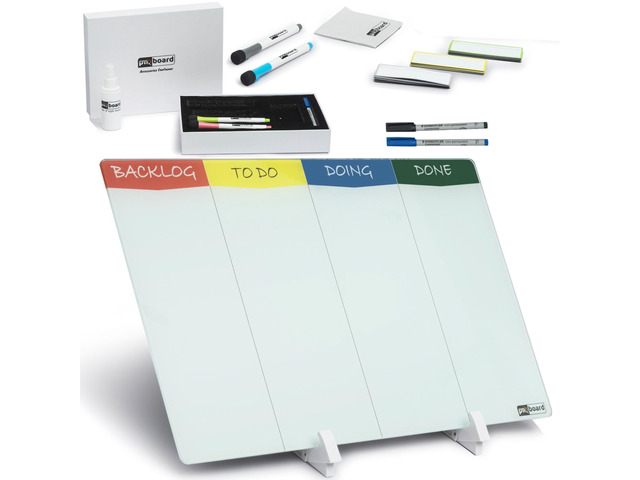 PMXBOARD Desktop Kanban Board & Whiteboard, Double-Sided 18' x 11' Glass Dry Erase Board with Stand, 24 Reusable Magnetic Task Cards, 6 Markers,...