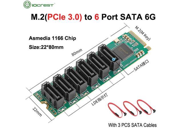 IOCREST M.2 (PCIe 3.0) to 6 Ports SATA III 6G SSD Adapter with 3 SATAIII Cable PCIe Gen3x2 Non-RAID Asmedia 1166 Chip