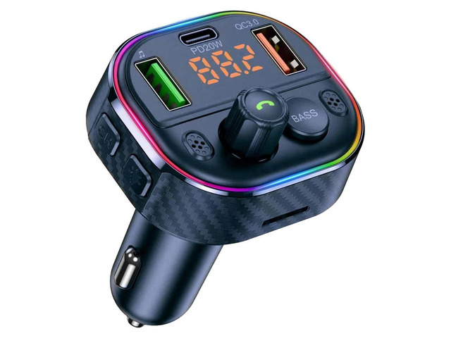 Car Bluetooth 5.1 FM Transmitter, Bluetooth Car Adapter with Handsfree Call Siri Assistant, Colorful Backlit Voltmeter
