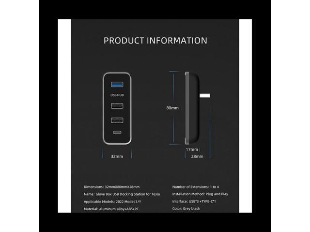 USB Hub 4 in 1 Docking Station Glove Box Splitter Extension Adapter Fast Charger Auto Accessories for Tesla Model 3/Y