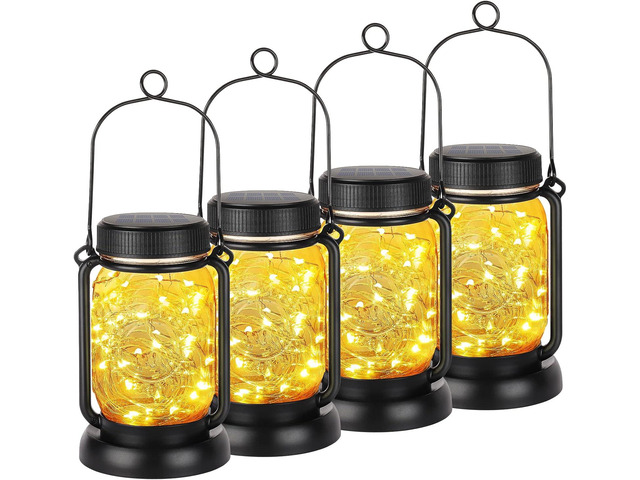 Mlambert 4 Pack Solar Hanging Lantern with Stakes, Outdoor Waterproof Solar Mason Jar Fairy String Lights Decorative Vintage Glass Lamp-Warm White