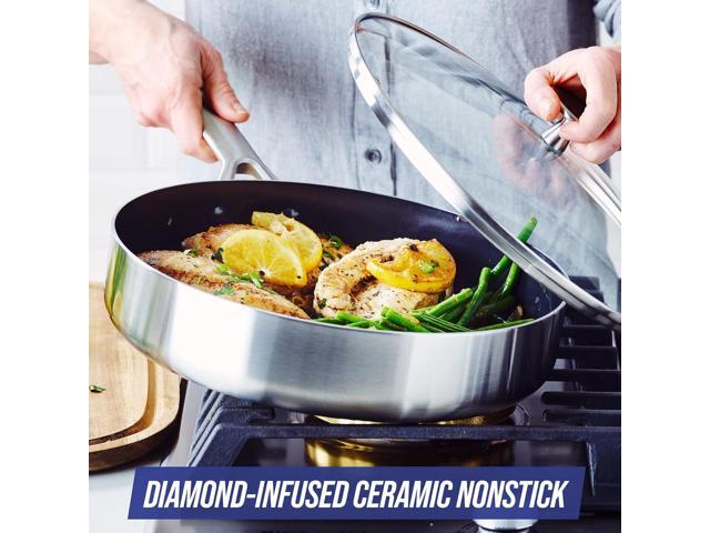 Blue Diamond Cookware Tri-Ply Stainless Steel Ceramic Nonstick, 3.75QT Saute Pan Jumbo Cooker with Lid, PFAS-Free, Multi Clad, Induction,...