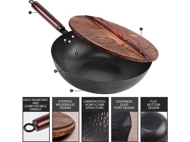 12.8' Carbon Steel Wok-11Pcs Woks & Stir Fry Pans Wok Pan with Lid, No Chemical Coated Chinese Woks with 10 Cookware Accessories, Flat Bottom Wok...