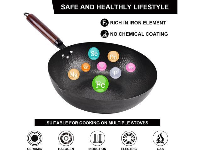 12.8' Carbon Steel Wok-11Pcs Woks & Stir Fry Pans Wok Pan with Lid, No Chemical Coated Chinese Woks with 10 Cookware Accessories, Flat Bottom Wok...