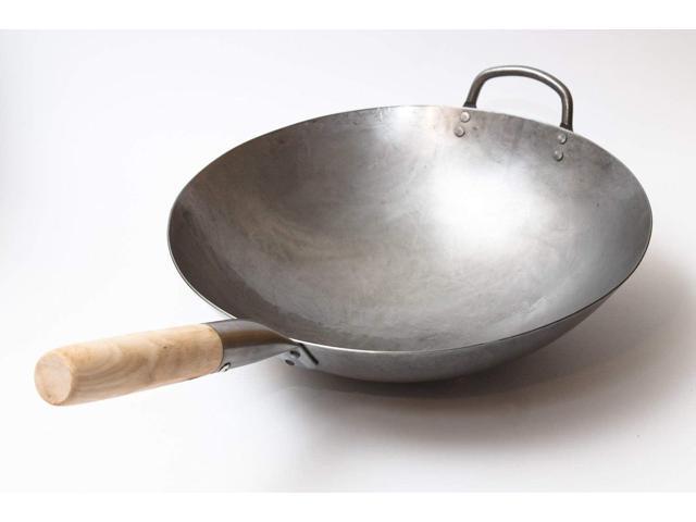 Craft Wok Traditional Hand Hammered Chinese Carbon Steel Wok with Wooden and Steel Helper Handle (14 Inch, Round Bottom Pow Wok Pan) / 731W88