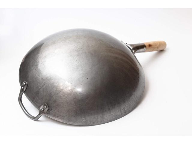 Craft Wok Traditional Hand Hammered Chinese Carbon Steel Wok with Wooden and Steel Helper Handle (14 Inch, Round Bottom Pow Wok Pan) / 731W88