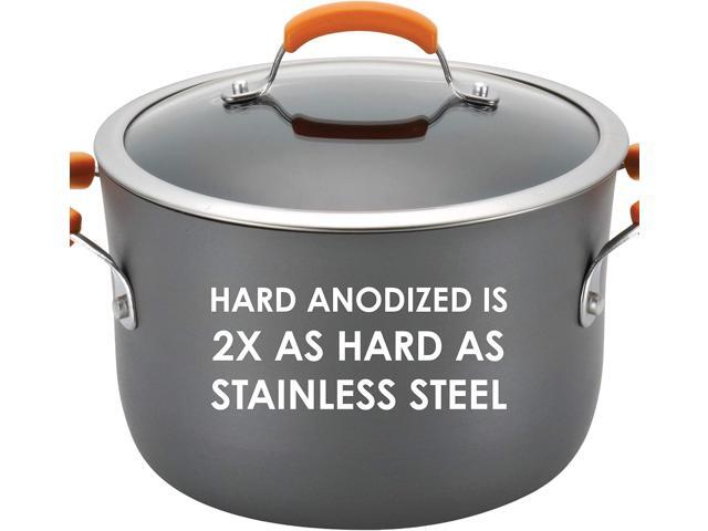 Rachael Ray Brights Hard-Anodized Aluminum Nonstick Cookware Set with Glass Lids, 10-Piece Pot and Pan Set, Gray with Orange Handles