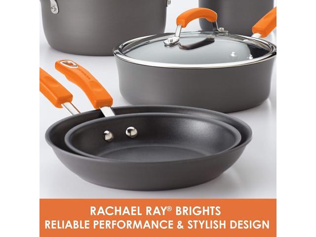 Rachael Ray Brights Hard-Anodized Aluminum Nonstick Cookware Set with Glass Lids, 10-Piece Pot and Pan Set, Gray with Orange Handles