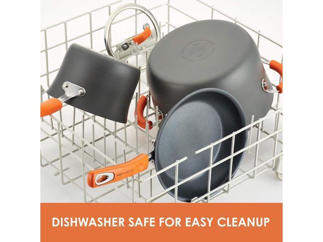 Rachael Ray Brights Hard-Anodized Aluminum Nonstick Cookware Set with Glass Lids, 10-Piece Pot and Pan Set, Gray with Orange Handles
