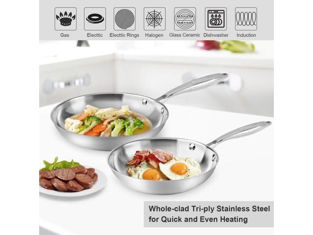 Fry Pan Set of 2 8' & 10' Tri-Ply Stainless Steel Frying Pan, Oven & Dishwasher Safe Classic Cooking Pan Cookware