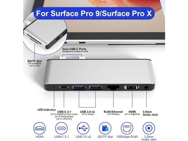 Surface Pro 9/Pro 11 USB Hub Docking Station with 4K HDMI, USB-C Thunerbolt 4(8K@30Hz Video+40G Data+100W Power), 100M RJ45, 2X USB3.0, SD, TF,...