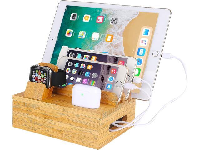 Bamboo Wood Desktop Organizer Charging Docking Station Charger Holder Cradle Charge Stand compatible with iPhone 16 15 Pro Max iPad Apple Watch...