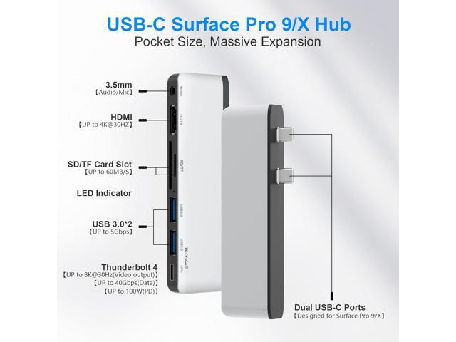 USB Hub Docking Station for Surface Pro 9/10/11/X with 4K HDMI, USB-C Thunderbolt 4 (Display+Data+100W PD), 2 USB 3.0, 3.5mm Audio, SD/TF Card Reader