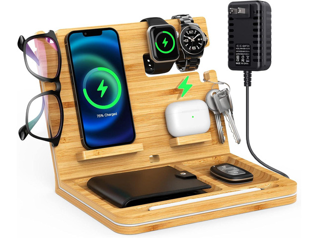 Bamboo Phone Docking Station: Nightstand Docking Station Compatible with iPhone/AirPods/iWatch, Wooden Phone Docking Station, Nightstand Organizer,...