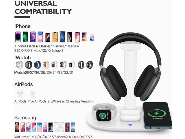 Headphone Stand with 15w Wireless Charger, Suguder 4 in 1 Charging Station Headset Holder for AirPods Max/Pro/4/3/2 iWatch 10/9/8/7/6/5/4/3/2/1/SE...