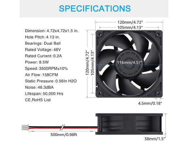 GDSTIME 1238 48V Fan, 120mm x 38mm Dual Ball Bearings DC Brushless Cooling Fan