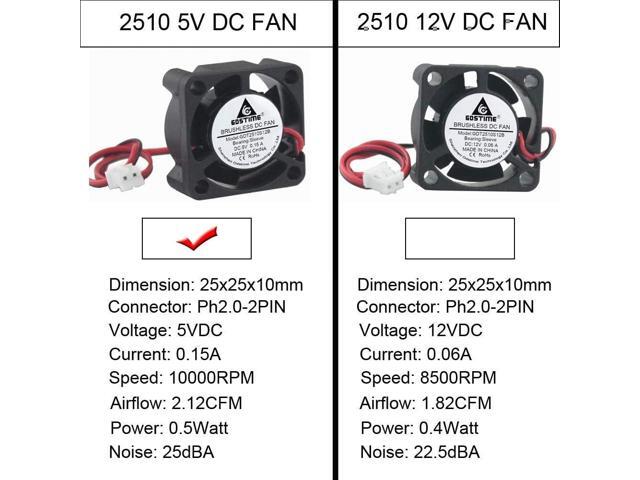 GDSTIME 25mm x 25mm x 10mm 5v Small DC Brushless Cooling Fan