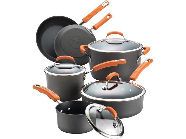 Rachael Ray Brights Hard-Anodized Aluminum Nonstick Cookware Set with Glass Lids, 10-Piece Pot and Pan Set, Gray with Orange Handles